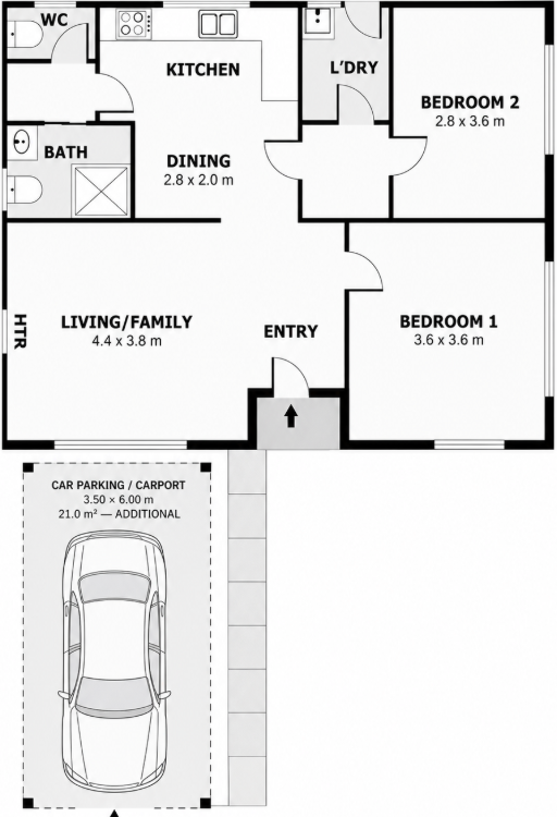 Exact supplied Duo Compact floorplan showing two bedrooms, bathroom, separate WC, dedicated laundry, kitchen, dining, living and family area, entry, porch and separate carport