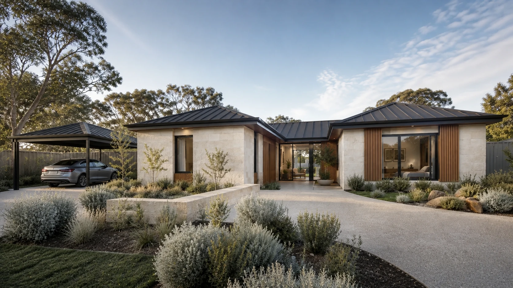 Duo Courtyard home with an open-sided single-car carport