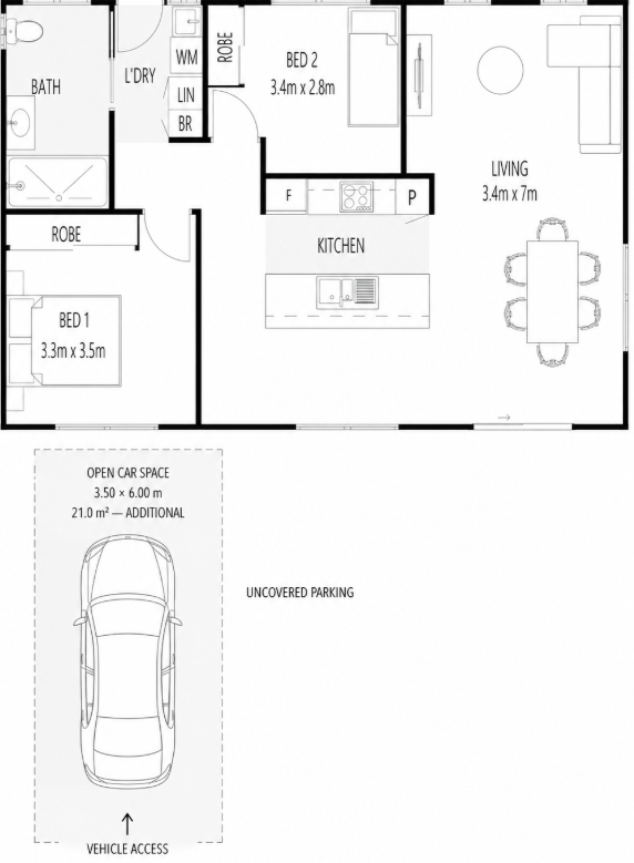 Exact supplied Duo Plus floorplan showing two bedrooms, robes, separate bathroom, dedicated laundry, island kitchen, extended open living and dining and open car space