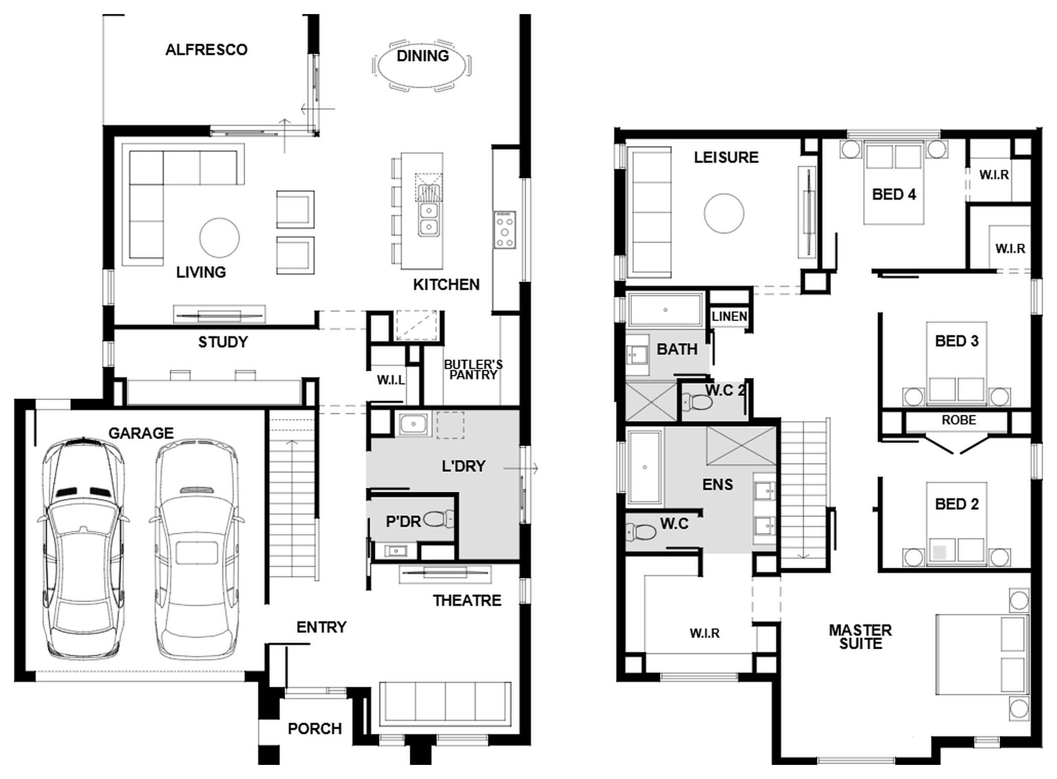 Supplied Elevate Family ground and upper floorplans showing double garage, study, theatre, kitchen, butler’s pantry, living, dining, alfresco, four upstairs bedrooms, leisure room, bathrooms and walk-in robes