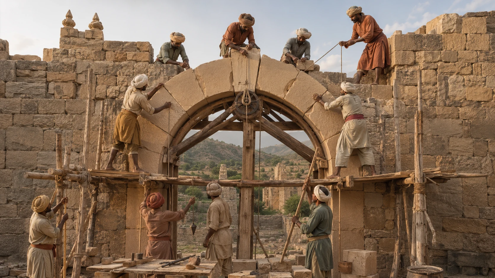 Craftspeople building a carefully measured stone arch