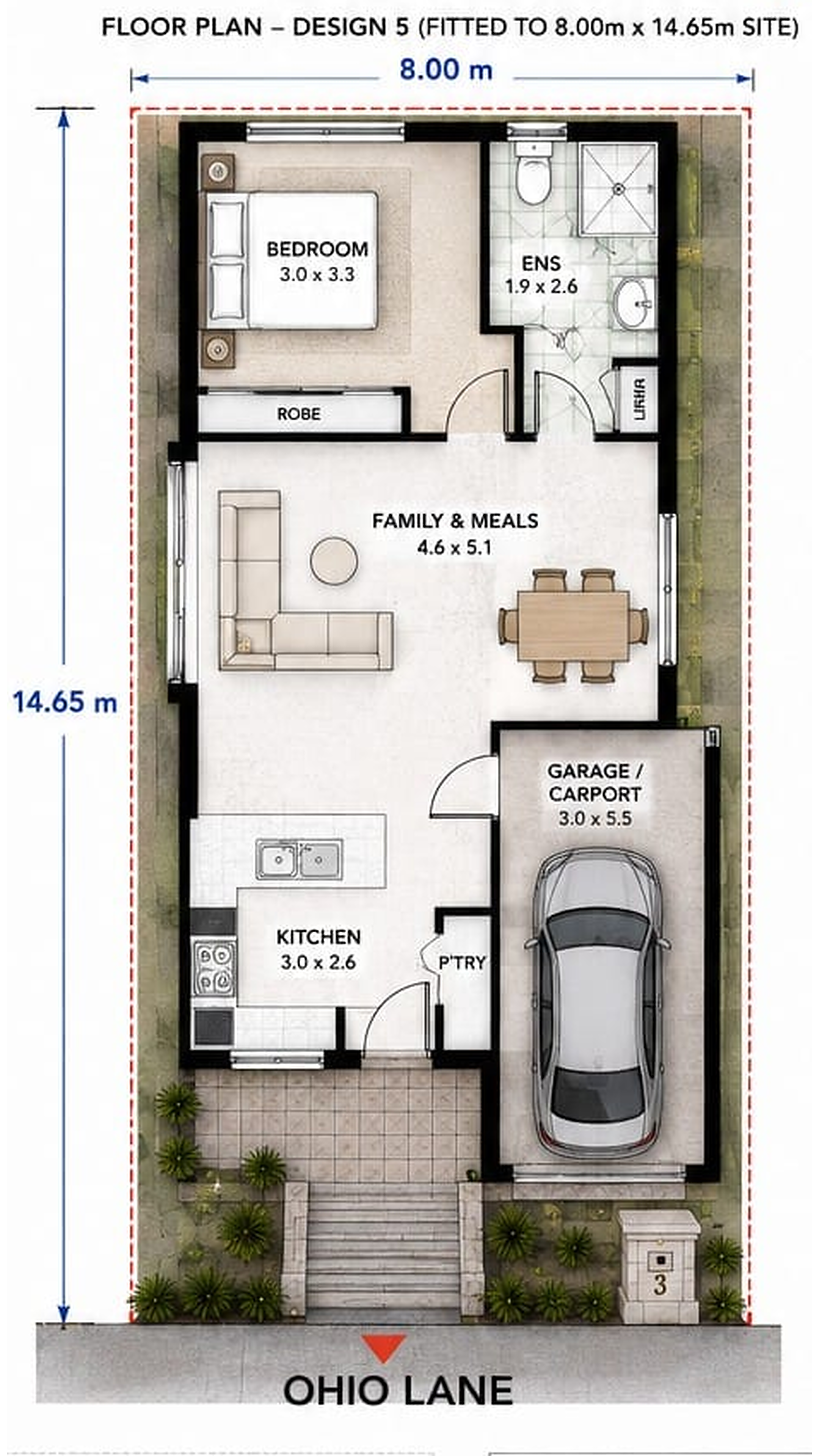 Guddu Forte one-bedroom floorplan fitted to an 8 metre by 14.65 metre site