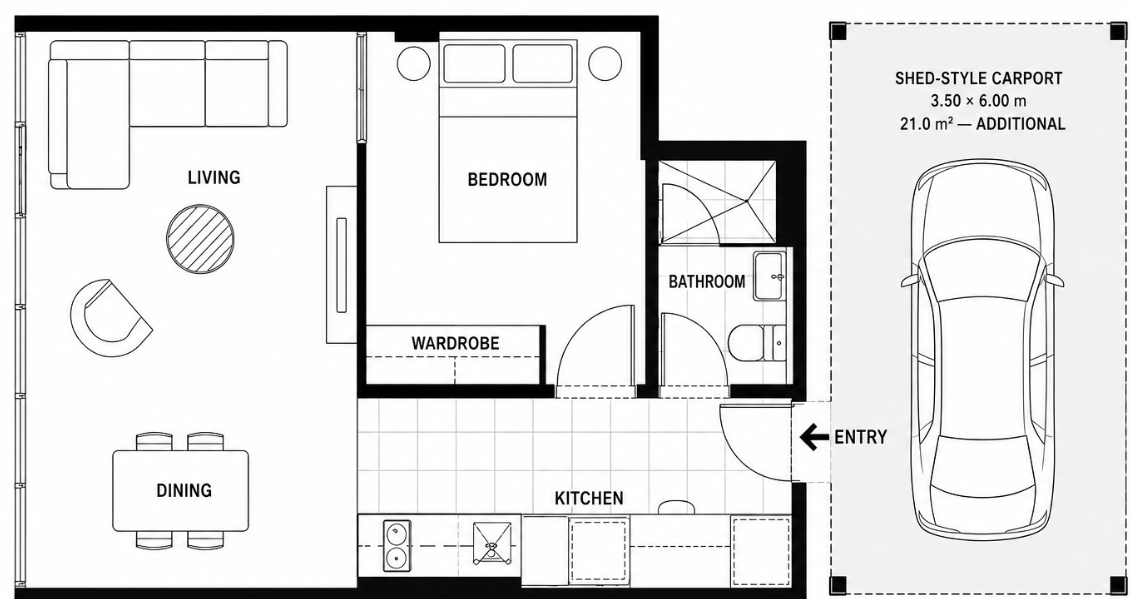Exact supplied Guddu Nest floorplan showing one bedroom, wardrobe, bathroom, kitchen, dining, living, entry and separate shed-style carport