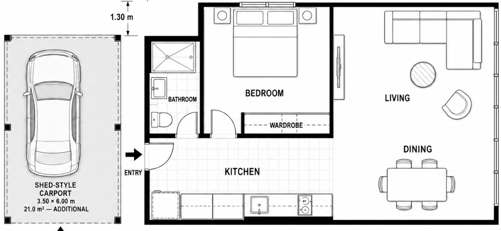 Exact supplied Guddu Starter floorplan showing one bedroom, wardrobe, bathroom, kitchen, dining, living, entry and separate shed-style carport