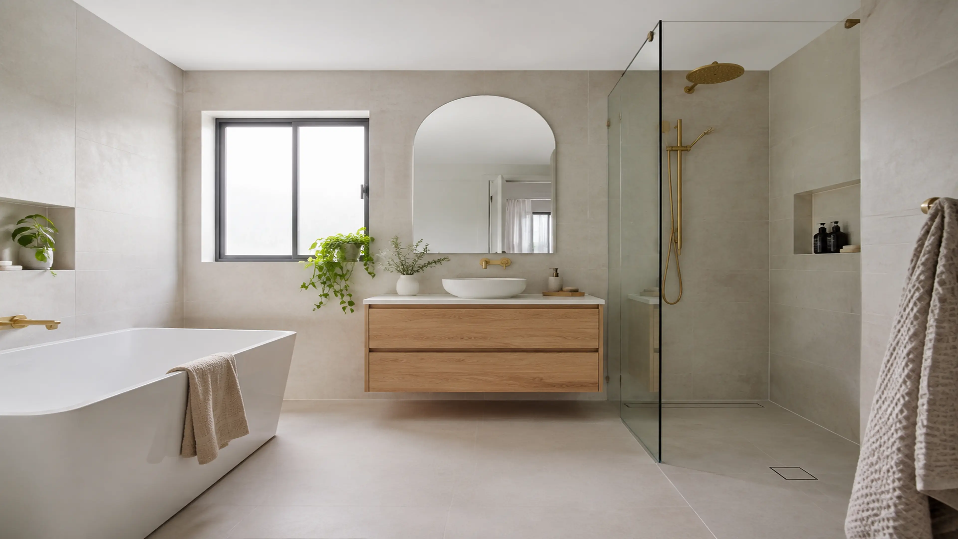 Calm bathroom with clear circulation and practical fittings
