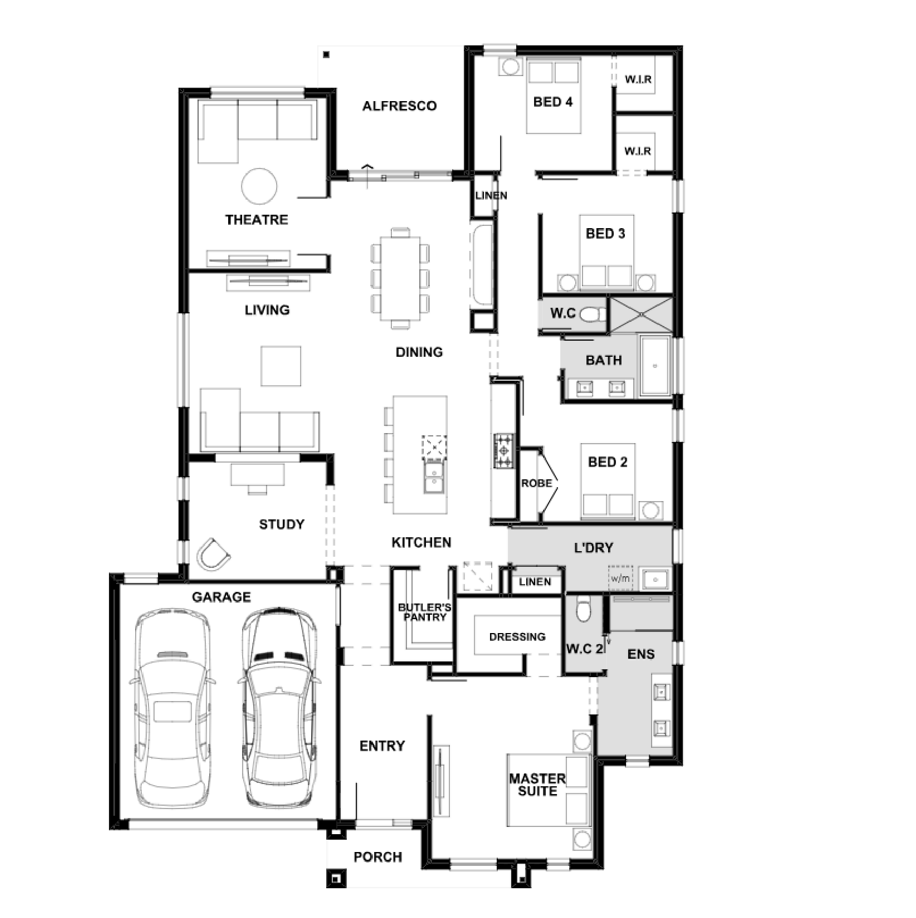 Exact supplied Haven 222 floorplan showing four bedrooms, double garage, master dressing room and ensuite, study, theatre, kitchen with butler’s pantry, living, dining and alfresco