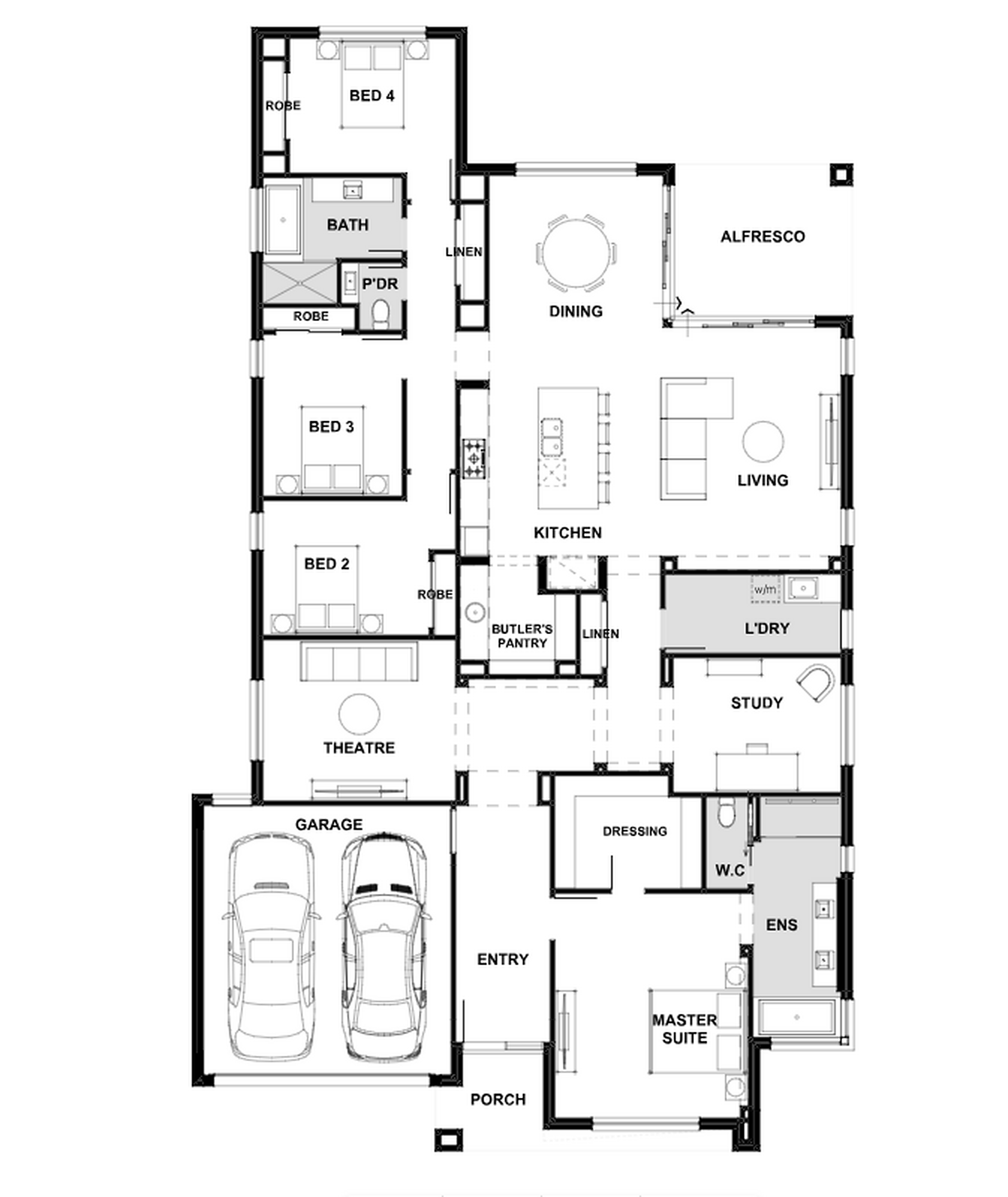 Exact supplied Haven 236 floorplan showing four bedrooms, double garage, private master suite, theatre, study, kitchen with butler’s pantry, living, dining and alfresco