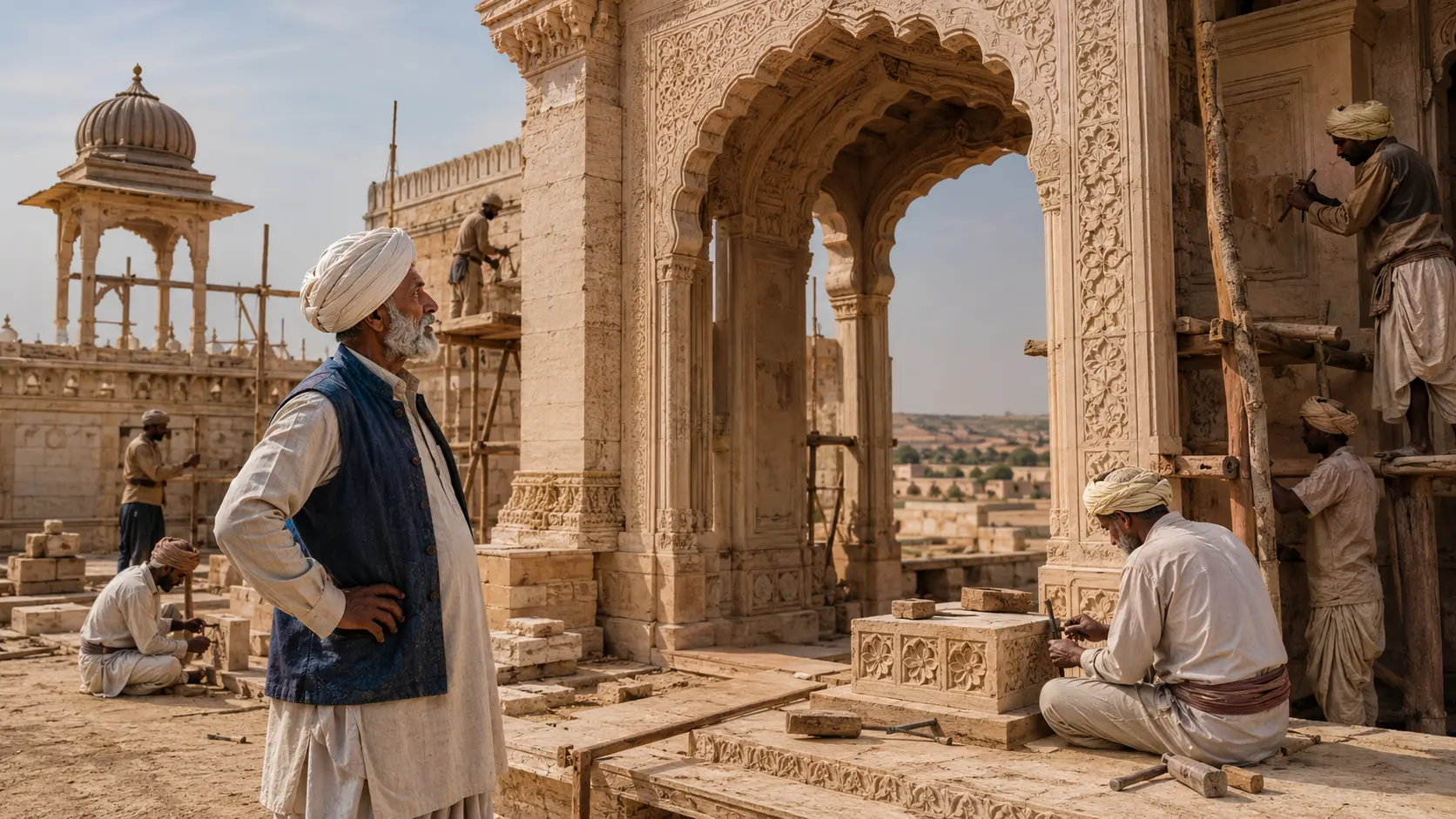 Master builder guiding peaceful fort craftsmanship