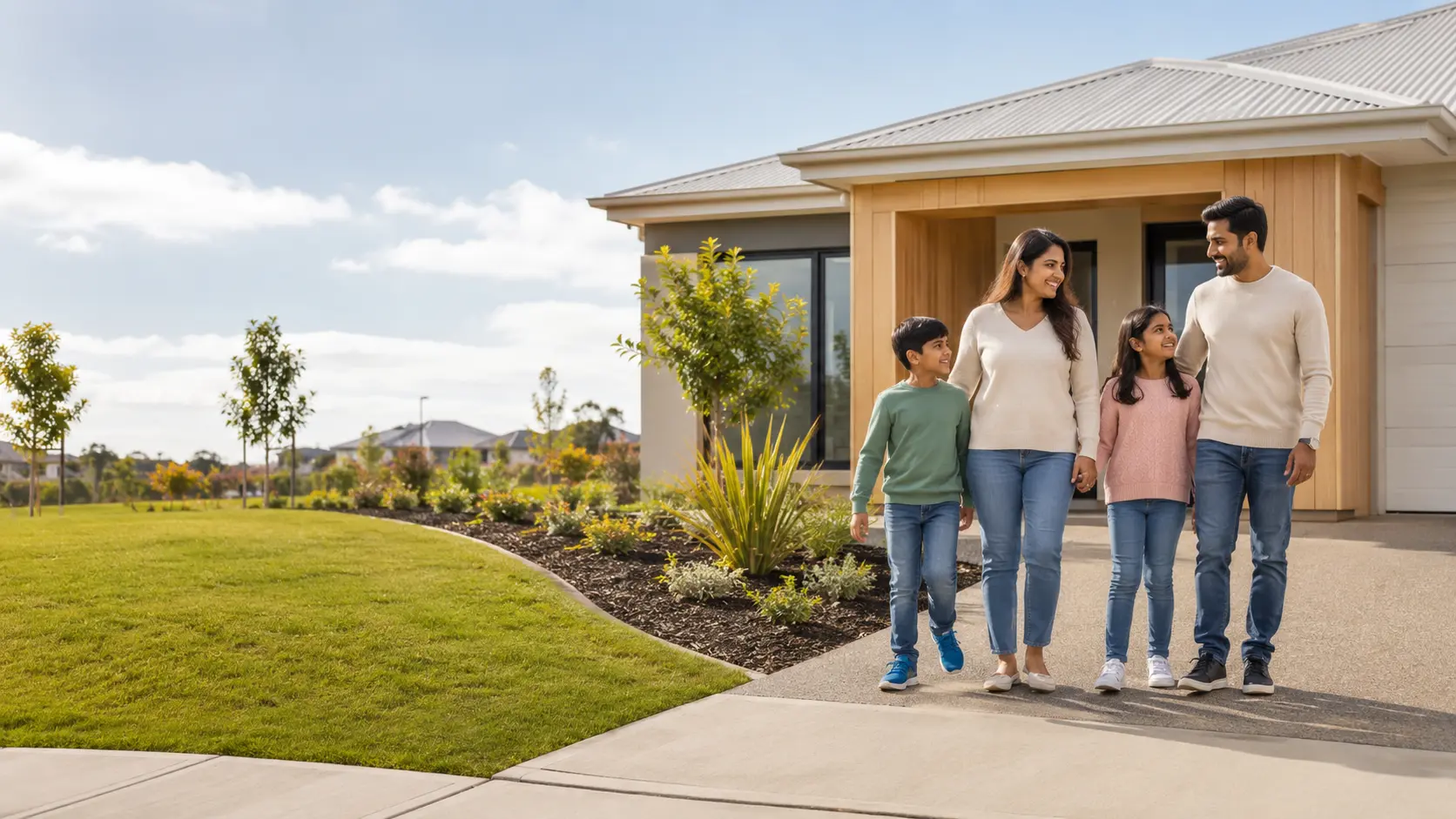 Australian family outside a contemporary home