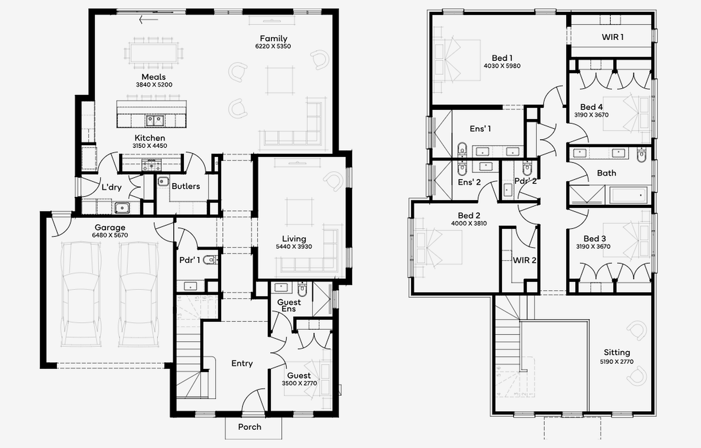 Supplied Sovereign Estate floorplan showing five bedrooms, guest suite, four bathrooms, two powder rooms, two-car garage and separated family living zones