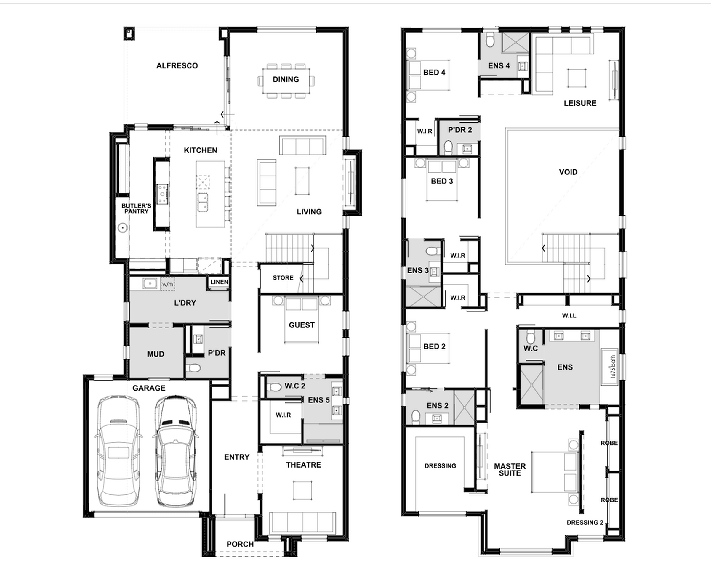Supplied Sovereign Palace floorplan showing five bedroom suites, five ensuites, two powder rooms, two-car garage, theatre, leisure room and alfresco